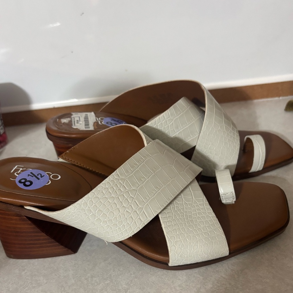 Franco Sarto Safia Cream Croc-Embossed Block Heel Sandals